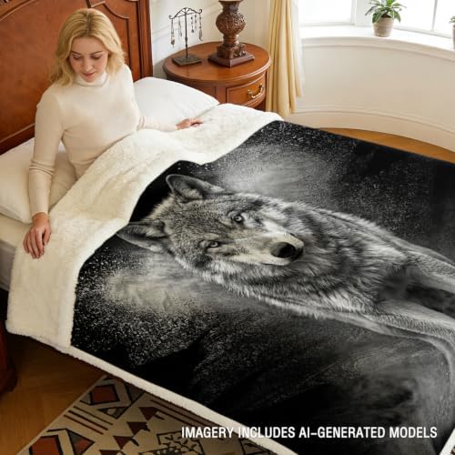 Wolf Sherpa Blanket Lone Wolf Animal Print Throw Blanket for Men Soft Warm Cozy 50x60 Inches Dark Wildlife Design Bedroom Gamer Room Decor Gift for Birthday Housewarming Anniversary - Image 3