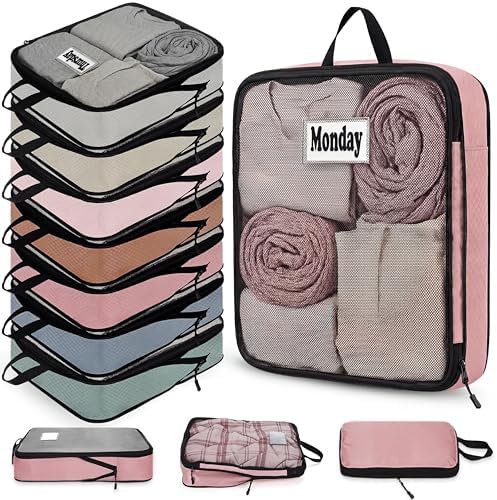 7 Pcs Packing Cubes for Travel Days of Week, Morandi, L by Bulyoou
