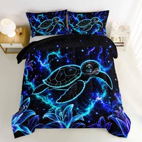 HOSIMA Neon Galaxy Sea Turtle Comforter Queen for Boys with 2 Pillowcases. - Image 3