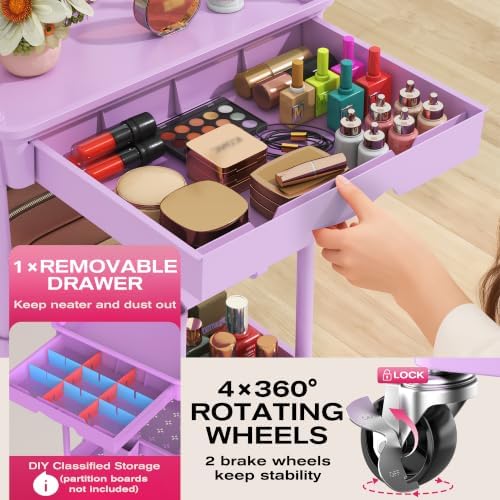Goovilla Rolling Makeup Organizer Cart with Removable Drawer, 4 Tier Purple - Image 3