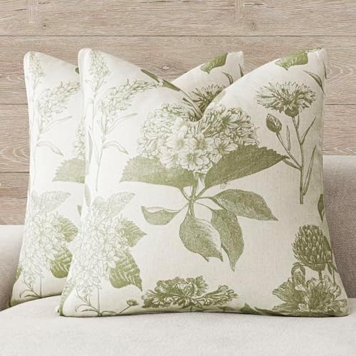 Foindtower Set of 2 Linen Floral Throw Pillow Covers Vintage Accent Print Decorative Cozy Cushion Covers Farmhouse Boho Home Decor for Sofa Chair Couch Bedroom Living Room,22×22 Inch,Light Green by Foindtower