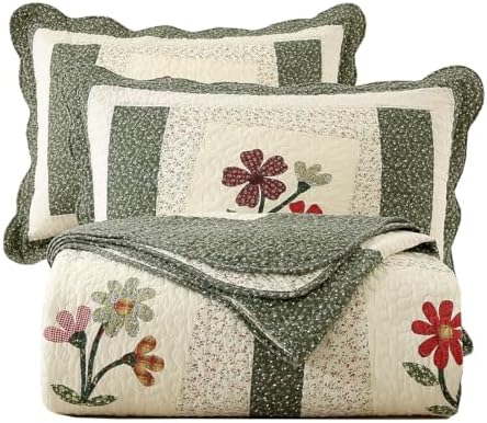 vctops Farmhouse Green 3 Piece Embroidered Floral Quilted Bedspread Quilt Set 100% Cotton Reversible Patchwork Coverlet Set 1 Quilt and 2 Pillow Shams (Green,King) by vctops