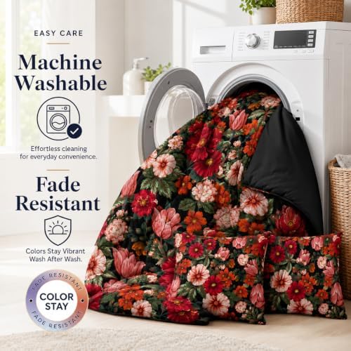 CCoutueChen Black Floral Comforter Set King, Vintage Botanical 3 Piece - Image 4