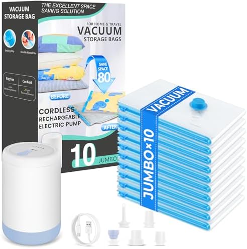 Vacuum Seal Bags for Clothing,10 Jumbo Vacuum Storage Bags with Rechargeable Air Pump,Space Saver Bags for Clothes,Travel Luggage,Blanket,Bedding,Pillows,Comforters by Unknown