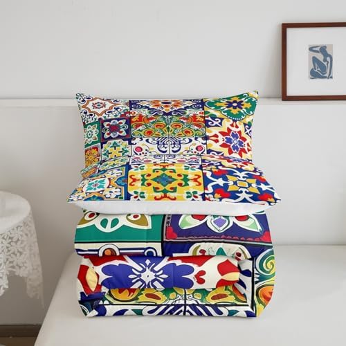 Erosebridal Colorful Mexican Style Toddler Bedding Set,Retro Talavera Tile Comforter Set for Kids Room Decor,Exotic Ethnic Boho Quilt Bed Set Patchwork Floral Print Down Comforter 2Pcs - Image 5