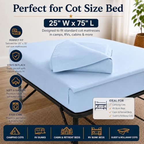 Zipper Cot Fitted Sheet, 25 x 75 Camping Cot Mattress Sheets, 400 Thread Count 100% Cotton, Includes 1 Wraparound Base, 2 Removable Zipper Top Sheets & 2 Pillowcases, 8 Inch Deep Pocket, Light Blue - Image 2