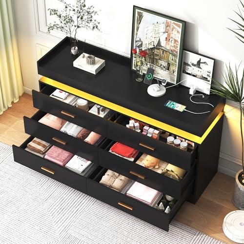 jiteentarou 6 Drawer Dresser with Charging Station and LED Lights, Modern Chest of Drawers with Power Outlet, Organizer Cabinet for, Living Room, Black - Image 4