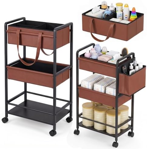 Faux Leather 3-Tier Rolling Diaper Cart Organizer,Lockable Wheels,Nursery by RefinedElegance