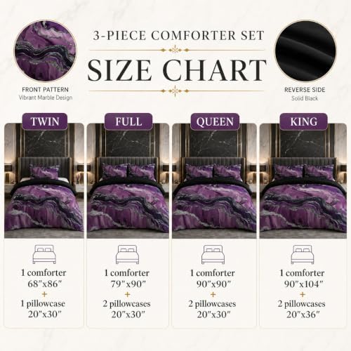 CCoutueChen Black Purple Marble Comforter Set Full Size, Modern Style - Image 3