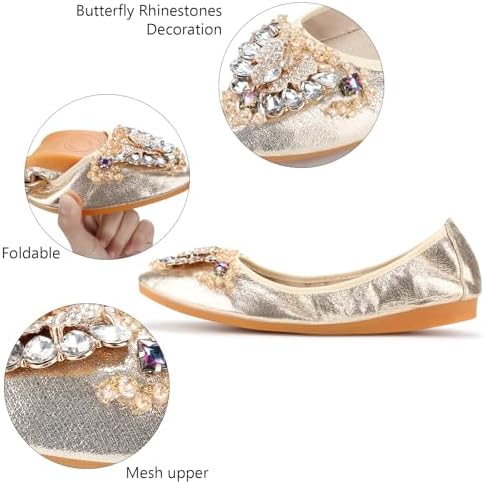 KUNWFNIX Women Ballet Flats Rhinestone Wedding Ballerina Shoes Foldable Sparkly Comfort Slip on Flat Shoes - Image 3