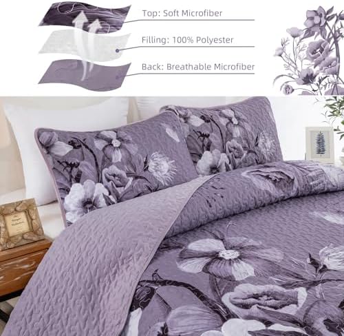 Floral Quilt Set King Size Bedding Set 3 PCs Dark Purple Boho Floral Quilt - Image 7