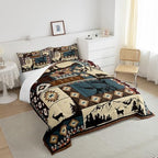 Deer and Bear Wild Animal Bedding Set King Size,Tribal Exotic Style Patchwork Plaid Comforter Set Room Decor for Home,Retro Rustic American Geometric Microfiber Down Comforter,with 2 Pillowcases - Image 4