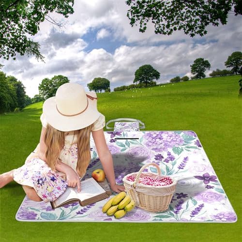 MNSRUU Picnic Blanket Waterproof Foldable, Rose Hydrangea Flowers in Purple Large Outdoor Picnic Beach Camping Blanket Travel Mat, Shoulder Strap Tote, Rectangle 57x59in - Image 2