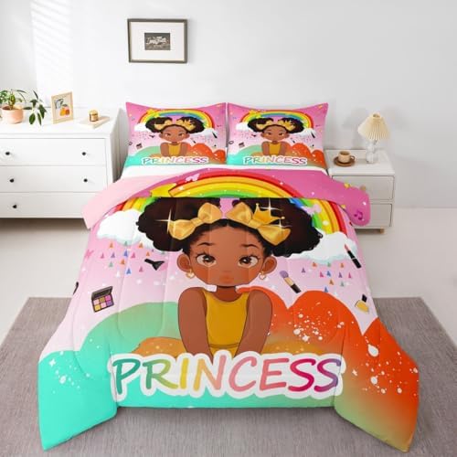 Erosebridal Rainbow Black Girls Comforter Set King Size African American Bedding Set Black Princess Girl Makeup Quilt Comforter Afro Little Girl Bed Set for Kids Melanin Bedroom Decor by Erosebridal