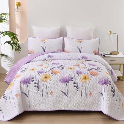 Dinjoy Floral Quilt Set Queen, 3 Pieces Purple Flower Bedspread Coverlet by DINJOY