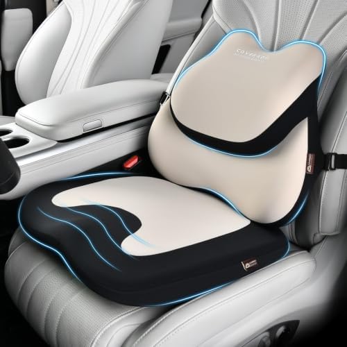 Coverado Car Seat Cushion and Lumbar Support Pillow, Memory Foam Cooling Silk, Ergonomic Support for Back Pain Relief, Seat Cushion for Car Driver & Office Chair Universal Fit Black&Gray by COVERADOAUTO