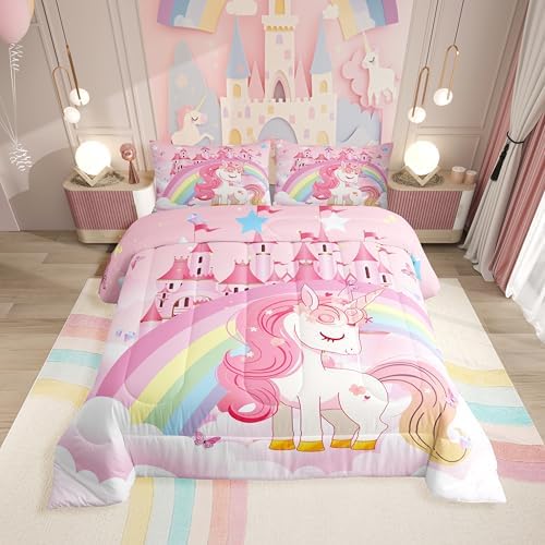 Erosebridal Unicorn Girls Bedding Set Full Rainbow Kids Pink Unicorn Comforter Set Teens Children Adult Kawaii Cute Castle Reverse Stars Bed Set Cartoon Horse Quilt Comforter Fantasy Girls Room Decor - Image 3