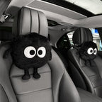 Car Headrest Pillow & Steering Wheel Cover Set with Cute Big-Eyed Furball Travel Neck Support Pillow Fur Car Interior Accessory (Black 5Pcs Set) - Image 2