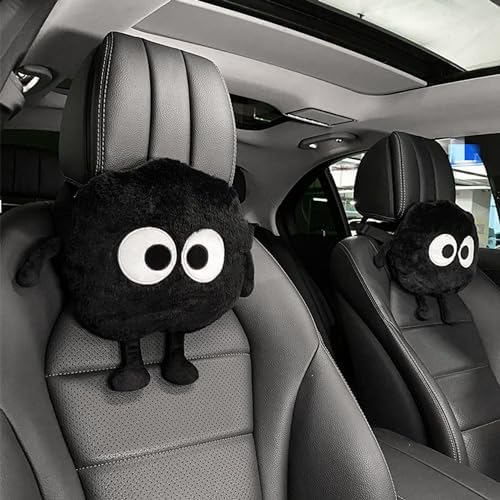 Car Headrest Pillow & Steering Wheel Cover Set with Cute Big-Eyed Furball Travel Neck Support Pillow Fur Car Interior Accessory (Black 5Pcs Set) - Image 2