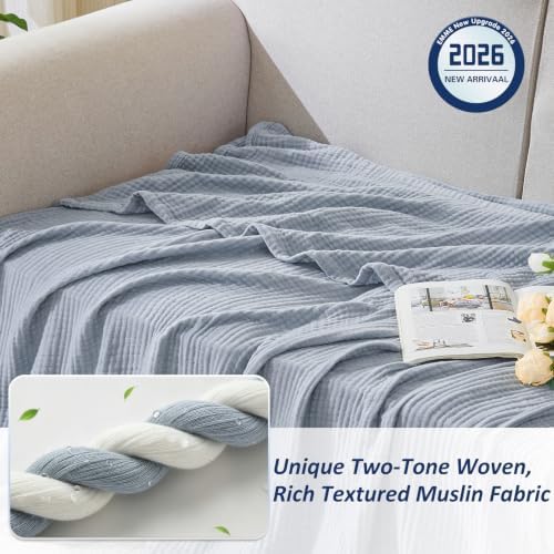 EMME Muslin Cotton Blanket Adults Heather Dusty Blue Throw XL 50"x70" - Image 2