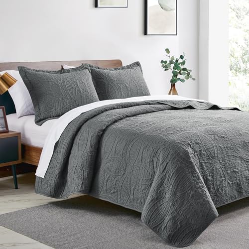 Love's cabin Quilts for Full Bed Dark Grey Bedspreads Bedding Set - Lightweight Bedspread Comforter - Coin Pattern Bedding Coverlet for All Season - 3 Pieces (1 Quilt, 2 Pillow Shams) - Image 2