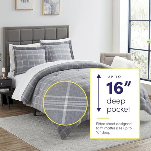 7 Piece Comforter Set Bag Solid Color All Season Soft Down Alternative Blanket & Luxurious Microfiber Bed Sheets, King, Gray Plaid - Image 2