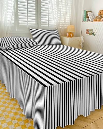 Ruffle Skirt Bedspread for Queen Size Bed Modern Black White Stripe 3 Piece Bedding Cover with Pillow Sham,18In Drop Bedskirt Coverlet for Bedroom Dorm Geometric Line Minimalist Style by Chucoco