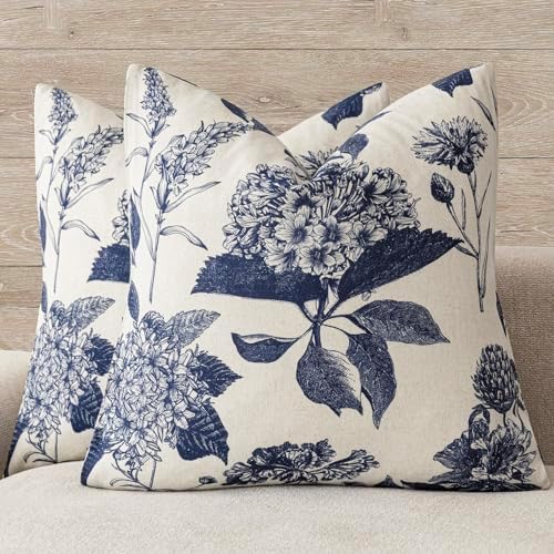 Foindtower Set of 2 Linen Floral Vintage Throw Pillow Covers Neutral Accent Print Decorative Cozy Cushion Covers Farmhouse Boho Home Decor for Sofa Chair Couch Bed Living Room,24×24 Inch,Navy Blue by Foindtower