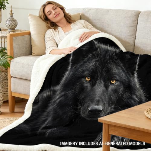 Black Wolf Sherpa Blanket Animal Print Throw Blanket for Men Soft Warm Cozy 60x80 Inches Dark Power Design Bedroom Couch Decor Gift for Birthday Housewarming Anniversary - Image 2