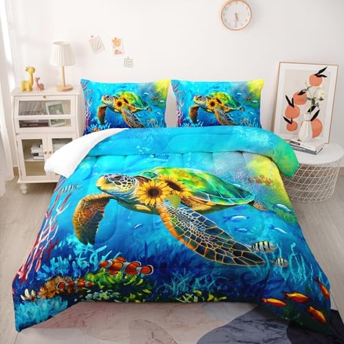 Nttopship Sunflower Turtle Comforter Sets Queen Size Bedding Sets for Kids and Adults 3Pcs,Ocean Turtle Comforter Sets All Season 1 Comforter and 2 Pillowcases - Image 2