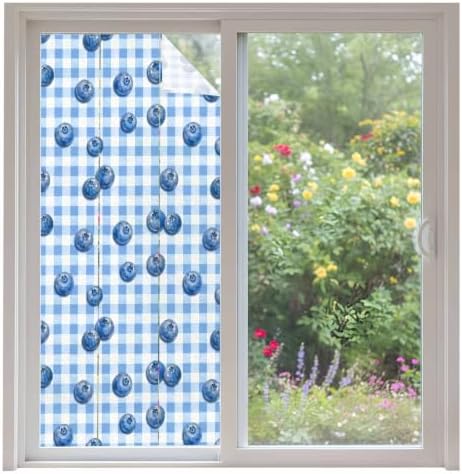 Window Privacy Film Frosted, Blue Blueberry Non-Adhesive Static Cling Window Tint, Checkered Fruits Farmhouse Art Insulated Windows Frosted Films for Living Room, 35.4 x 78.7 Inches by Unknown