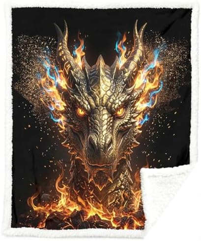 Dragon Sherpa Blanket Fire Fantasy Throw Blanket for Men Soft Warm Cozy 60x80 Inches Power Energy Design Gamer Room Bedroom Decor Mythical Gift for Birthday Housewarming Anniversary by Sleepwish