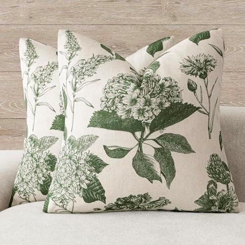 Foindtower Set of 2 Linen Floral Throw Pillow Covers Neutral Vintage Print Decorative Cozy Cushion Covers Farmhouse Boho Home Decor for Sofa Chair Couch Bedroom Living Room,20×20 Inch,Dark Green by Foindtower