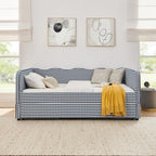 3 in 1 Full Daybed with Pop Up Trundle, Convertible Gingham Upholstered Sofa Bed with Side Storage Pockets, Extendable Guest Bed Frame for Teens Adults Bedroom Living Room, Dark Blue - Image 2