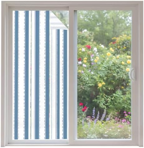 Window Privacy Film Frosted, Blue Striped Non-Adhesive Static Cling Window Tint, Farmhouse Vertical Stripes Geometric Insulated Windows Frosted Films for Living Room, 35.4 x 78.7 Inches by Unknown