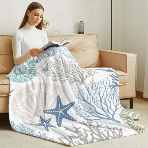 Blue Coastal Throw Blanket, Coral Beach Starfish Fluffy Soft Blankets for Couch Bed Travel, Ocean Conch Plush Microfiber Striped Flannel Blankets, Lightweight Sofa Blankets 40"x60" - Image 3