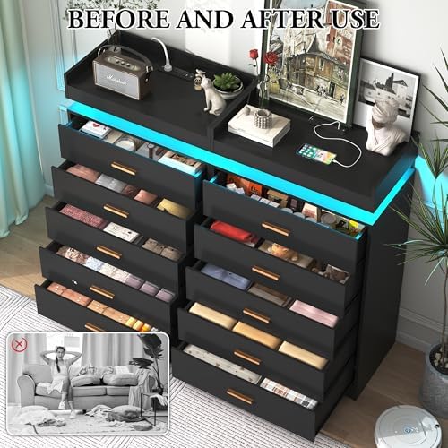 jiteentarou 5 Drawer Dresser with Charging Station and LED Lights, Modern Chest of Drawers with Power Outlet, Organizer Cabinet for Bedroom, Living Room, Entryway, Black - Image 5