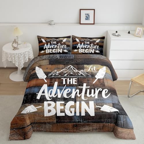 Erosebridal Rustic Farmhouse Comforter Set for Cabin Camper King Bedding Set for Rv Bunks,Happy Camping Quilt Comforter for Kids Boys Adults Men,Retro Grunge Brown Rusty Planks Duvet Insert 3 Pcs - Image 2