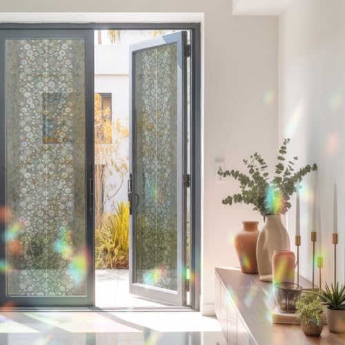 Japanese Window Privacy Film Rainbow Static Cling Stain Glass Window Film for Glass Door, Decorative Sunroof Decal Sticker for Car 23.6"x78.7" Grey Simple Traditional Flowers Leaves Pattern - Image 3