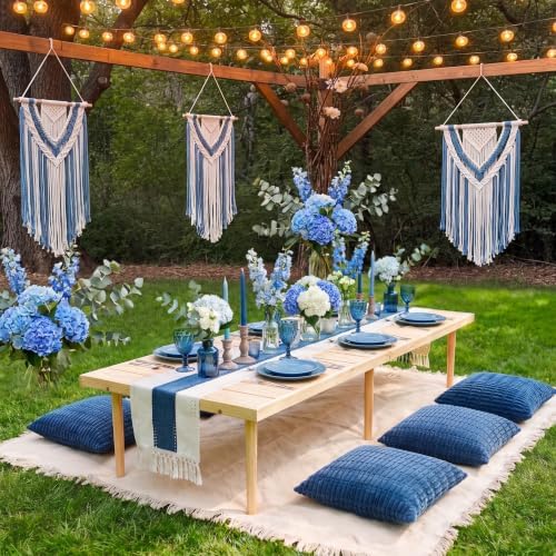 Beeveer Extra Large Outdoor Boho Picnic Blanket 91'' x 71'' Blue Table Runner 6 Throw Pillow Cover Woven Cotton Yarn Oversize Beach Blanket Washable for Picnic Camp Wedding - Image 4