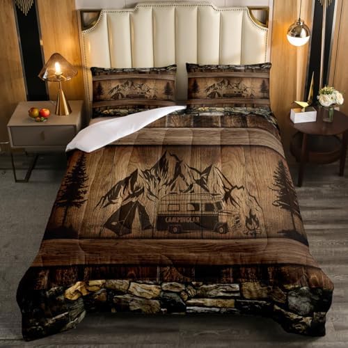 Erosebridal Rustic Farmhouse Bedding Sets Happy Camping Comforter Set for Camper Full,Country Cabin Lodge Camper Bedding Comforter Sets Rv Accessories for Travel Trailers Quilt Set Brown Black - Image 2
