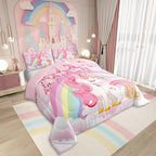 Erosebridal Girls Unicorn Bedding Set King Rainbow Princess Pink Unicorn Comforter Set Teens Kids Kawaii Cute Castle Stars Reversible Bed Sets Cartoon Horse Duvet Set Fantasy Girls Room Decor - Image 4