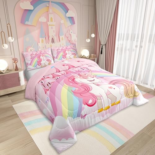 Erosebridal Girls Pink Unicorn Bedding Set Toddler Princess Rainbow Unicorn Comforter Set Teens Kids Kawaii Cute Castle Stars Reversible Bed Sets Cartoon Horse Duvet Set Fantasy Girls Room Decor - Image 4