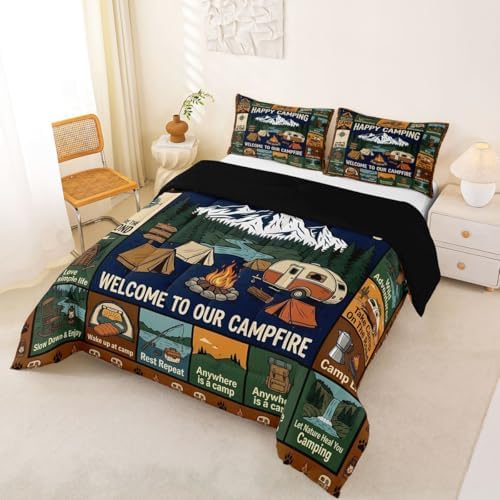 Erosebridal Camping Themed Full Size Bedding Set for Kids, Outdoor RV Bunk Camper Comforter Sets for Girls Boys, Forest Bear Rustic Mountain Bed Set Quilt, Camping Lover Gifts Bedroom Decor - Image 5