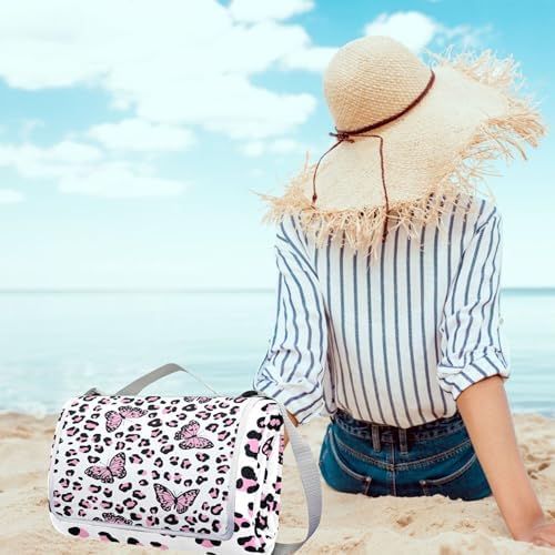 MNSRUU Picnic Blanket Waterproof Foldable, Pink Leopard Butterfly Large Outdoor Picnic Beach Camping Blanket Travel Mat, Shoulder Strap Tote, Rectangle 57x59in - Image 5