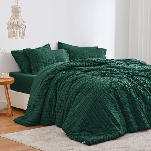 Seersucker Dark Green California King Comforter Set, 7-Piece Bed in a Bag by Lovescabin