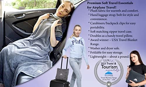BlueHills Travel Blanket Pillows for Two Airplane Traveling Essentials Flight Throws in Bag case with Backpack Clip Compact Large Plane Accessories – Gray and Ivory White - Image 4