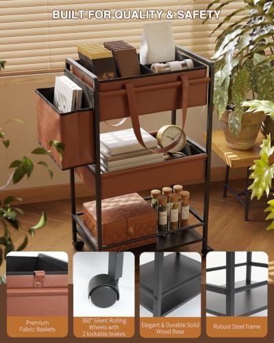 Faux Leather 3-Tier Rolling Diaper Cart Organizer,Lockable Wheels,Nursery - Image 3