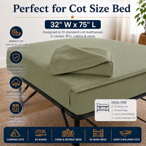 Zipper Cot Fitted Sheet, 32 x 75 Camping Cot Mattress Sheets, 400 Thread Count 100% Cotton, Includes 1 Wraparound Base, 2 Removable Zipper Top Sheets & 2 Pillowcases, 8 Inch Deep Pocket, Sage Green - Image 2