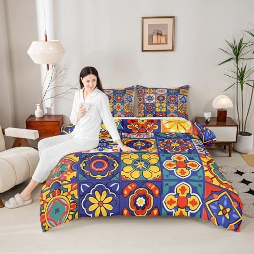 Erosebridal Mexican Talavera Tile Full Comforter Set - Colorful Mexico Tiles Bedding Sets, Vintage Floral Patchwork Bed Set for Kids Adults, Exotic Ethnic Aesthetic Room Decor - 2 Pillowcases by Erosebridal